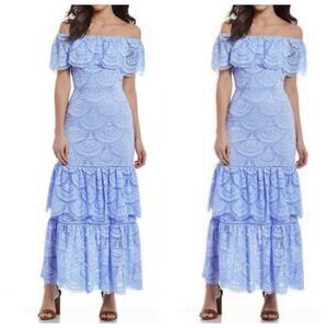 Gianni Bini Off Shoulder Tiered Maxi Dress Sz XL Blue Lace Summer Boho